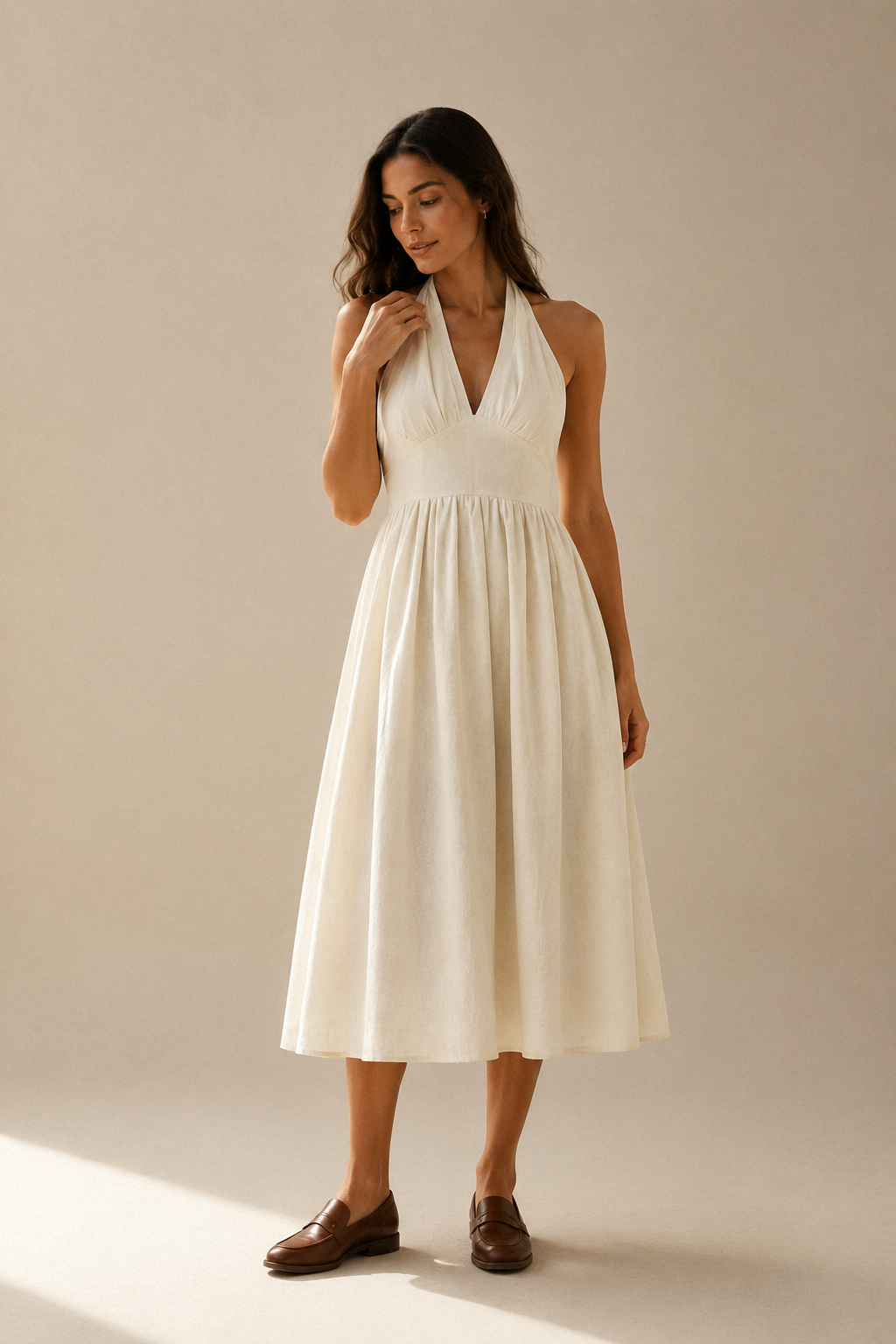 Ivory linen a-line midi dress, full front view, fitted bodice and flowing midi skirt