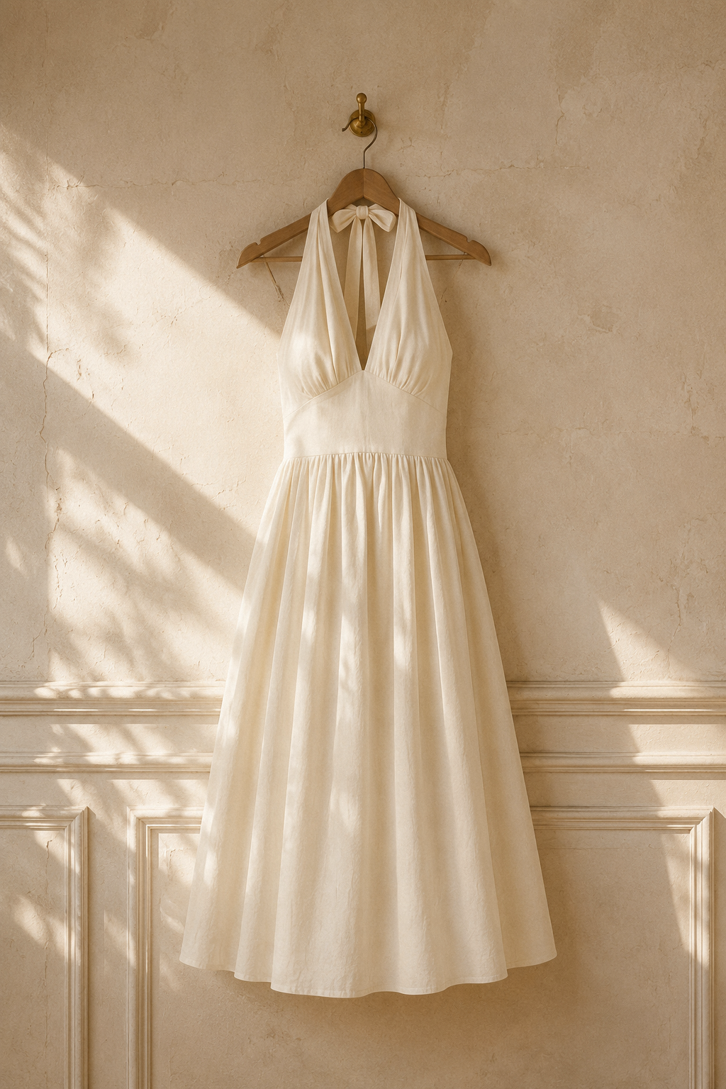 Ivory linen a-line midi dress, hanging on wooden hanger against plaster wall