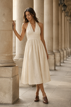 Ivory linen a-line midi dress, front view, halter V-neck and gathered A-line skirt