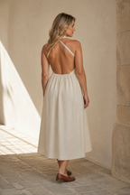Ivory linen a-line midi dress, back view, open back with tie closure