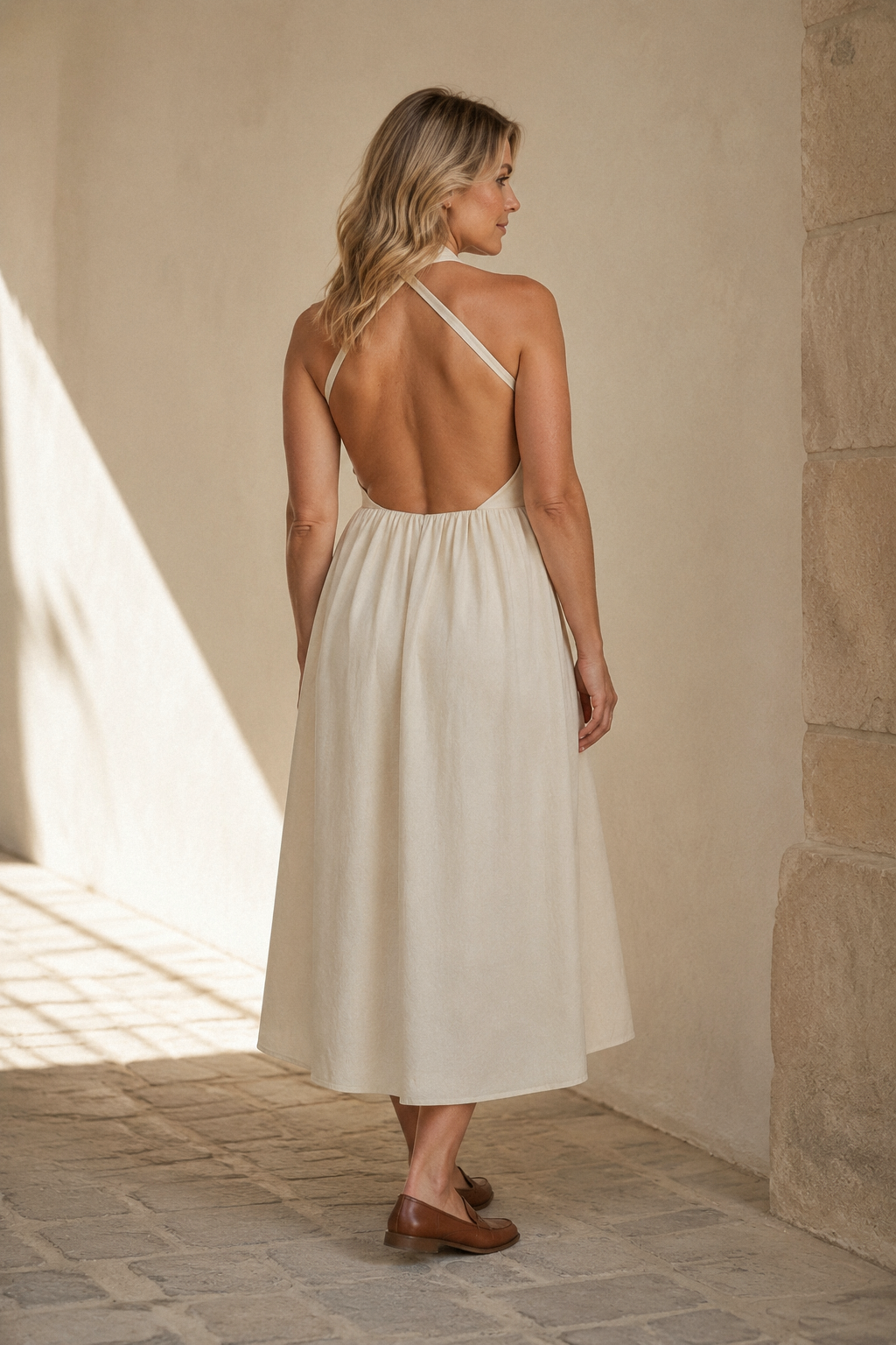 Ivory linen a-line midi dress, back view, open back with tie closure