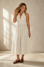 Ivory linen a-line midi dress, full front view, a-line silhouette with gathered skirt