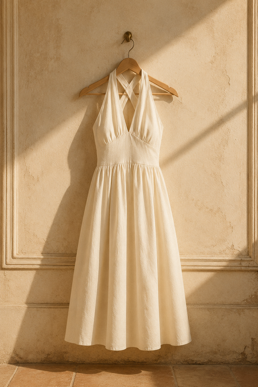 Ivory linen a-line midi dress, hanging on wooden hanger against plaster wall