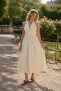 Ivory linen a-line midi dress, front view, halter neckline and gathered bodice