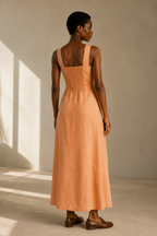 Peach linen a-line midi dress, back view, smooth back, subtle flare