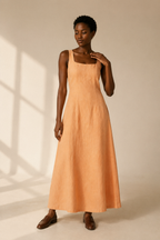 Peach linen a-line midi dress, full front view, clean lines, flowing skirt