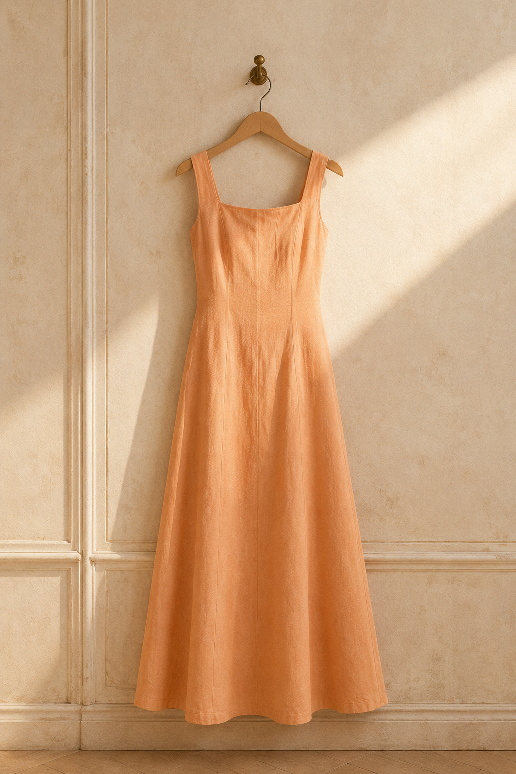 Peach linen a-line midi dress, hanging on wooden hanger against plaster wall