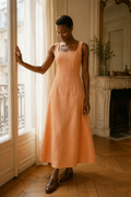 Peach linen a-line midi dress, front view, square neckline, A-line silhouette