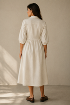Ivory linen a-line midi dress, back view, smooth back, flowing skirt