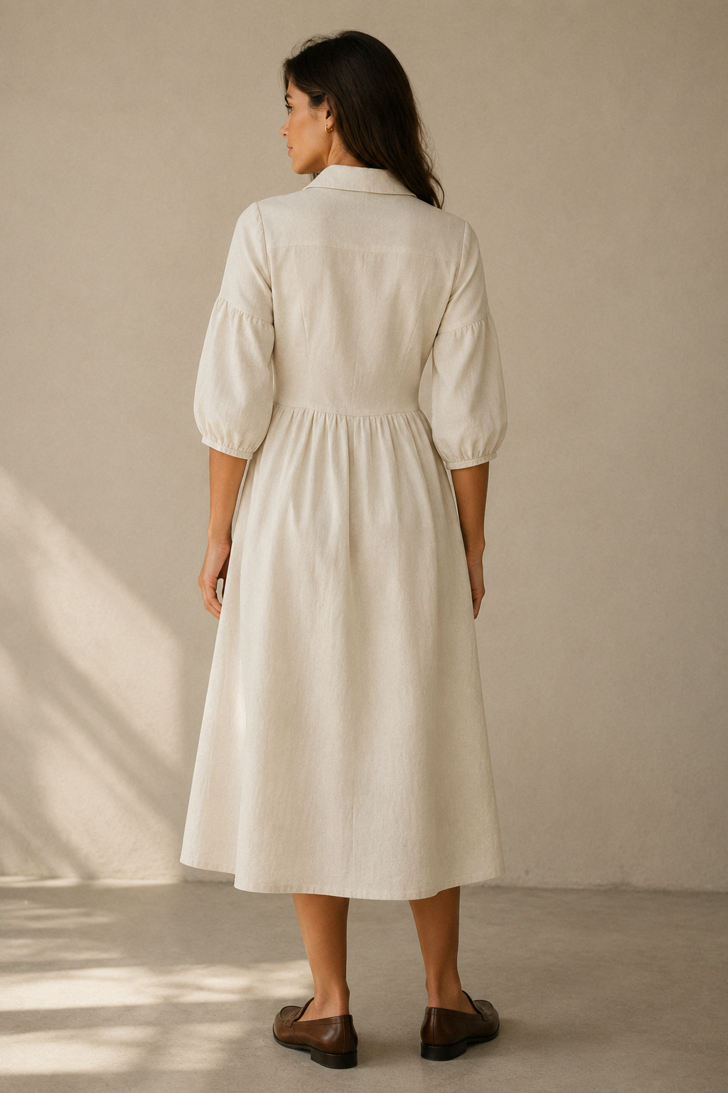 Ivory linen a-line midi dress, back view, smooth back, flowing skirt