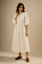 Ivory linen a-line midi dress, full front view, full button placket, A-line skirt