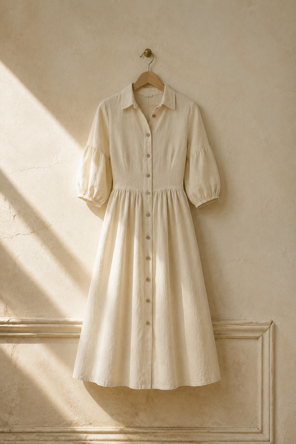 Ivory linen a-line midi dress, hanging on wooden hanger against plaster wall