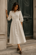 Ivory linen a-line midi dress, front view, collared neckline, button front, gathered waist