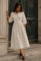 Ivory linen a-line midi dress, front view, collared neckline, button front, gathered waist