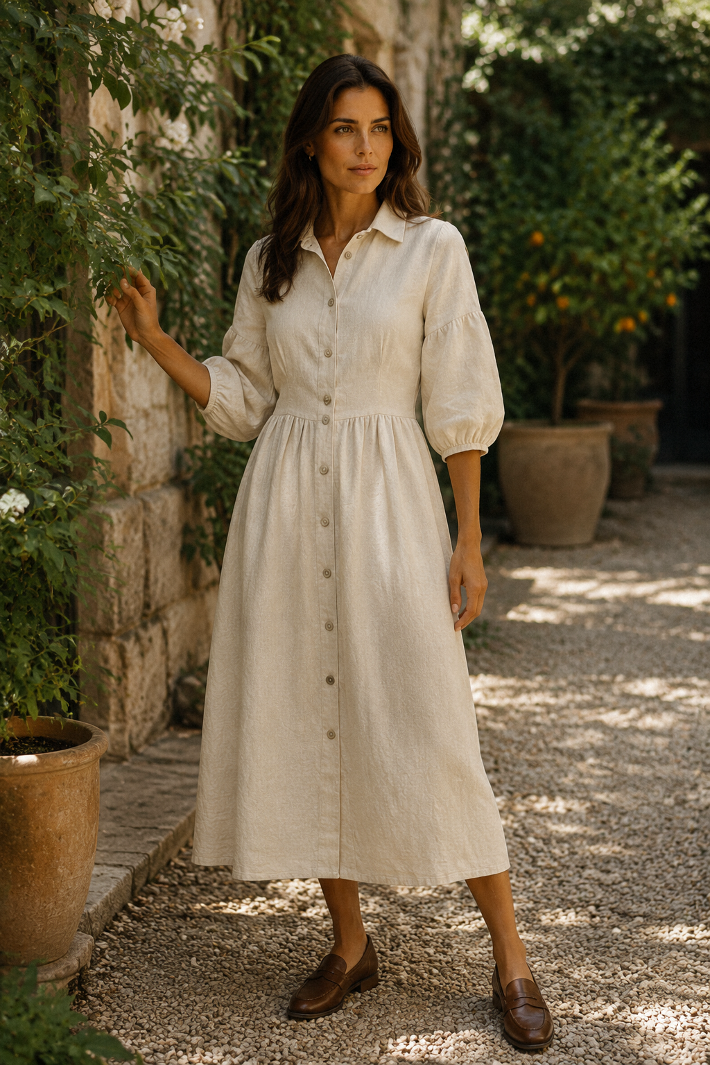 Ivory linen a-line midi dress, lifestyle, strolling sunlit streets, light and airy