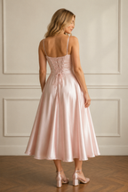 Light pink silk a-line midi dress, back view, smooth bodice and flowing A-line skirt
