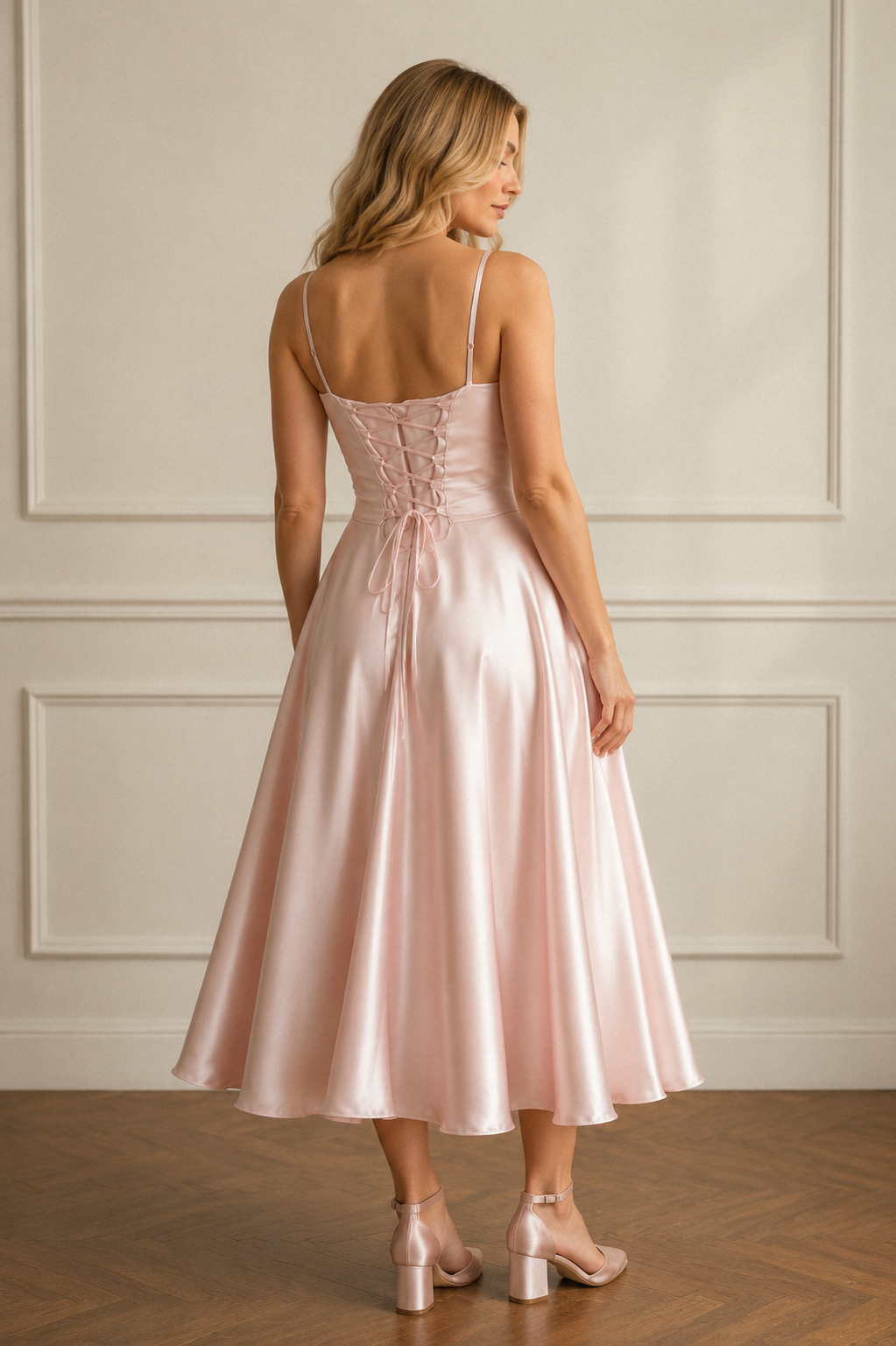 Light pink silk a-line midi dress, back view, smooth bodice and flowing A-line skirt