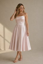 Light pink silk a-line midi dress, full front view, a-line skirt with soft drape