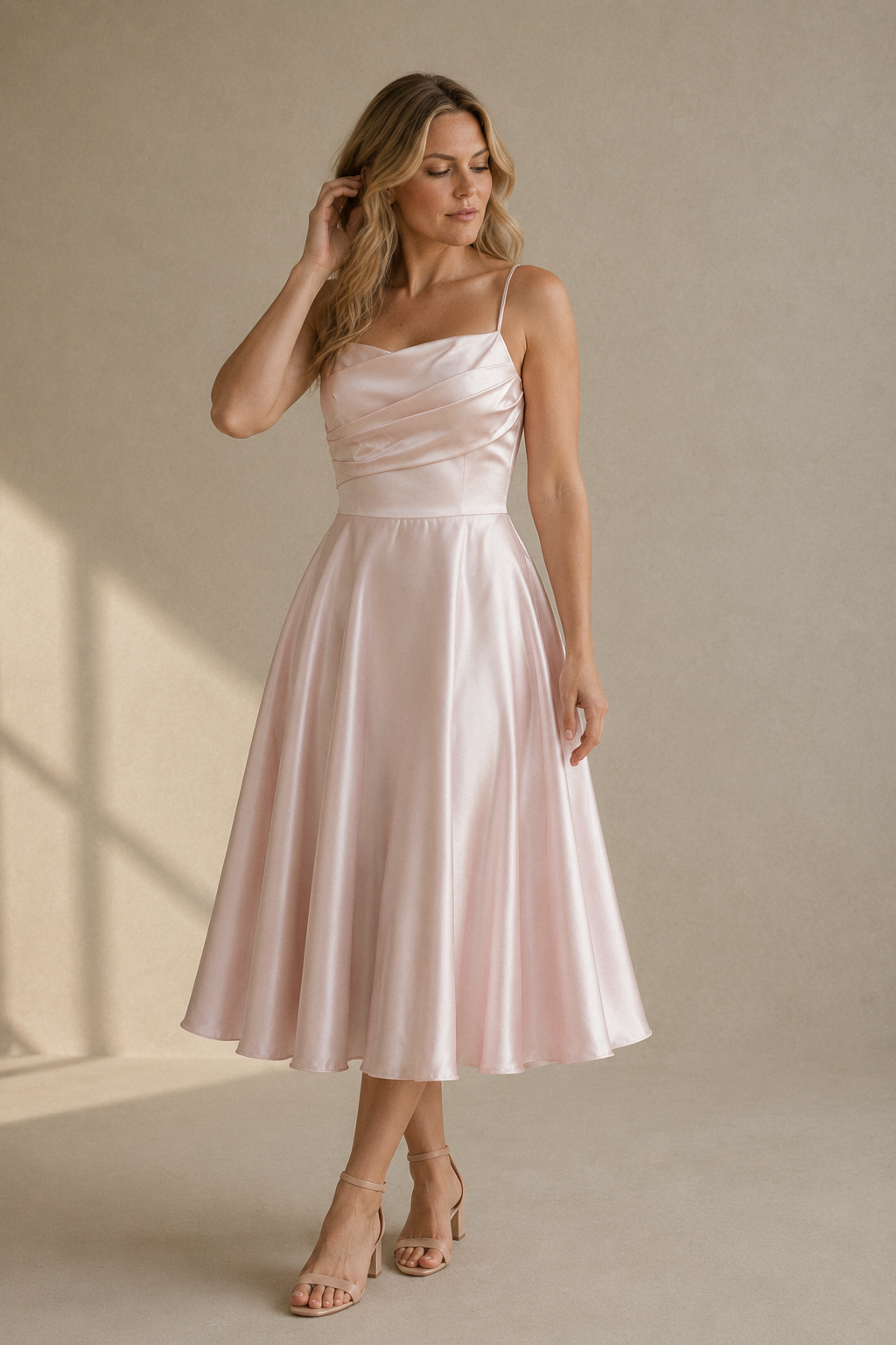 Light pink silk a-line midi dress, full front view, a-line skirt with soft drape