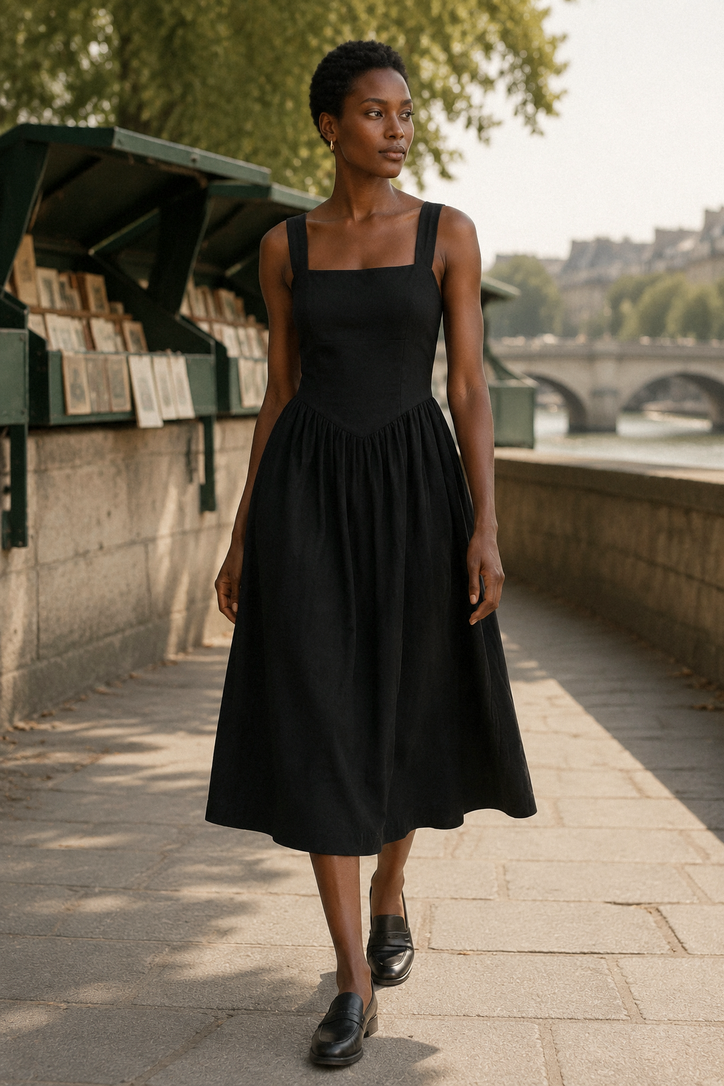 Black linen a-line midi dress, lifestyle, soft light, calm presence