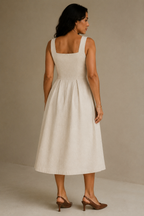 Ivory linen a-line midi dress, back view, clean back and full skirt
