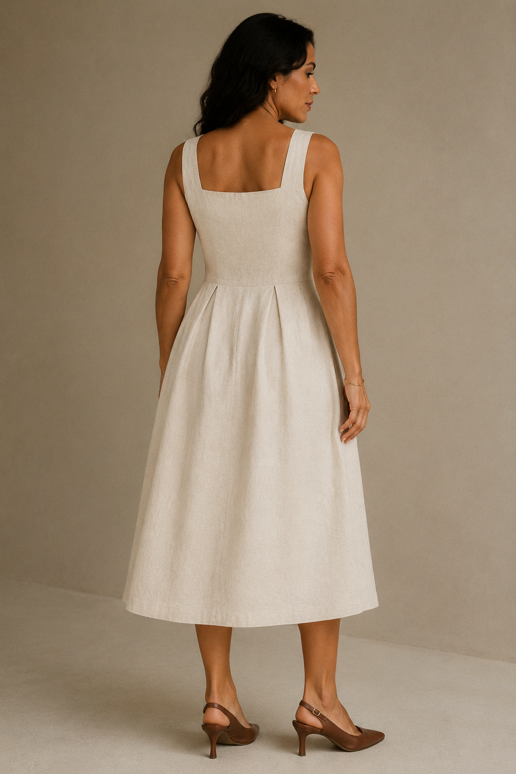 Ivory linen a-line midi dress, back view, clean back and full skirt