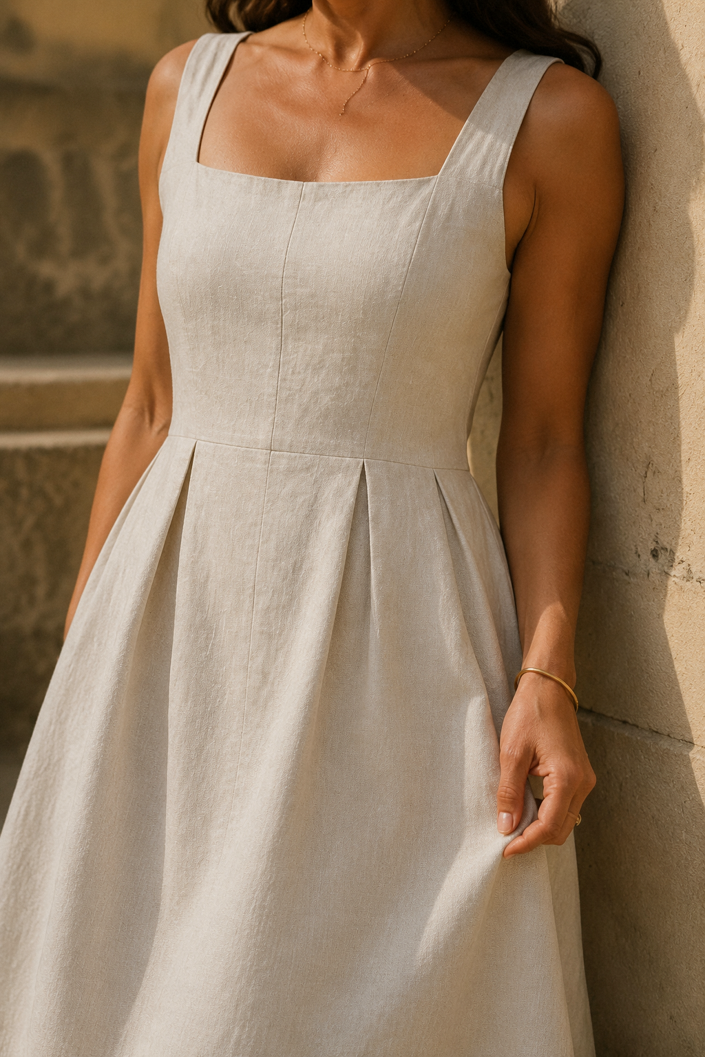 Ivory linen a-line midi dress, fabric detail, flax weave in raking light