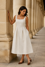 Ivory linen a-line midi dress, front view, square neckline and A-line midi