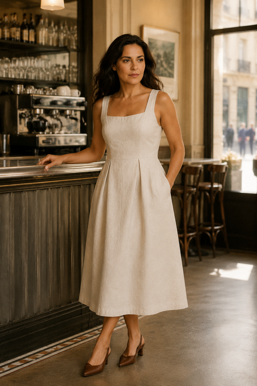 Ivory linen a-line midi dress, lifestyle, city stroll on a bright day