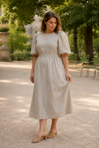 Beige linen a-line midi dress, front view, open back, puff sleeves, linen drape