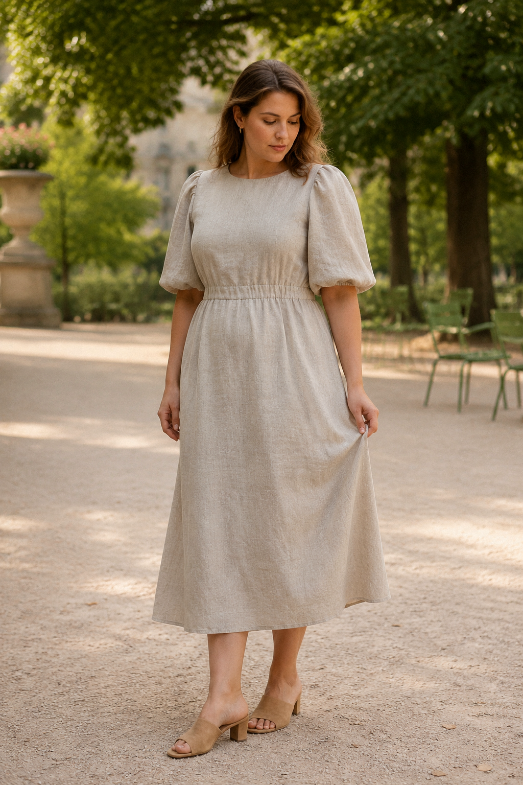 Beige linen a-line midi dress, front view, open back, puff sleeves, linen drape