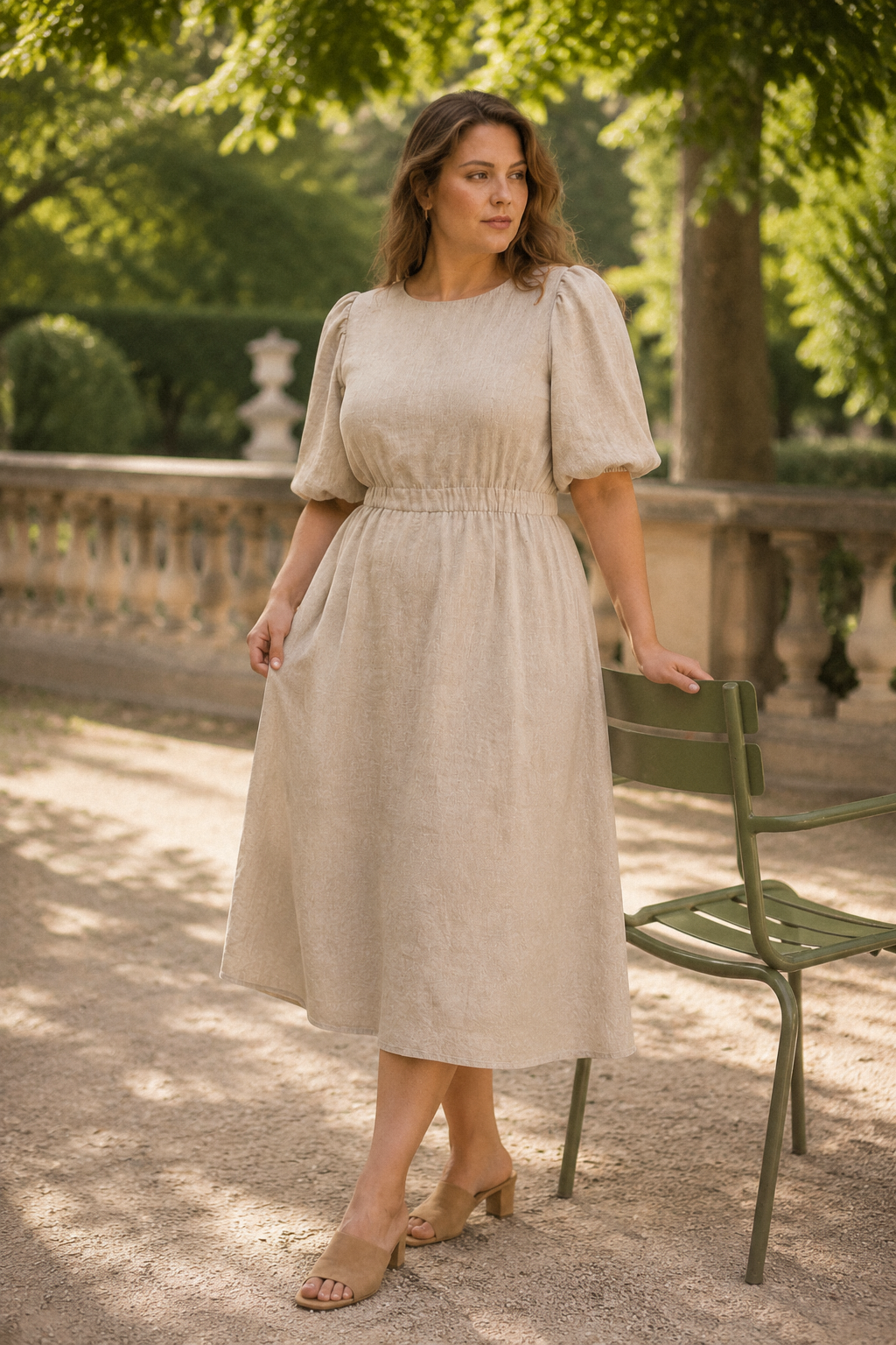 Beige linen a-line midi dress, lifestyle, sunlit arches, quiet afternoon