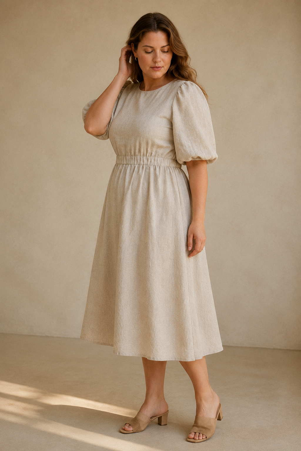 Beige linen a-line midi dress, three-quarter view, open back, elasticated waist, A-line skirt