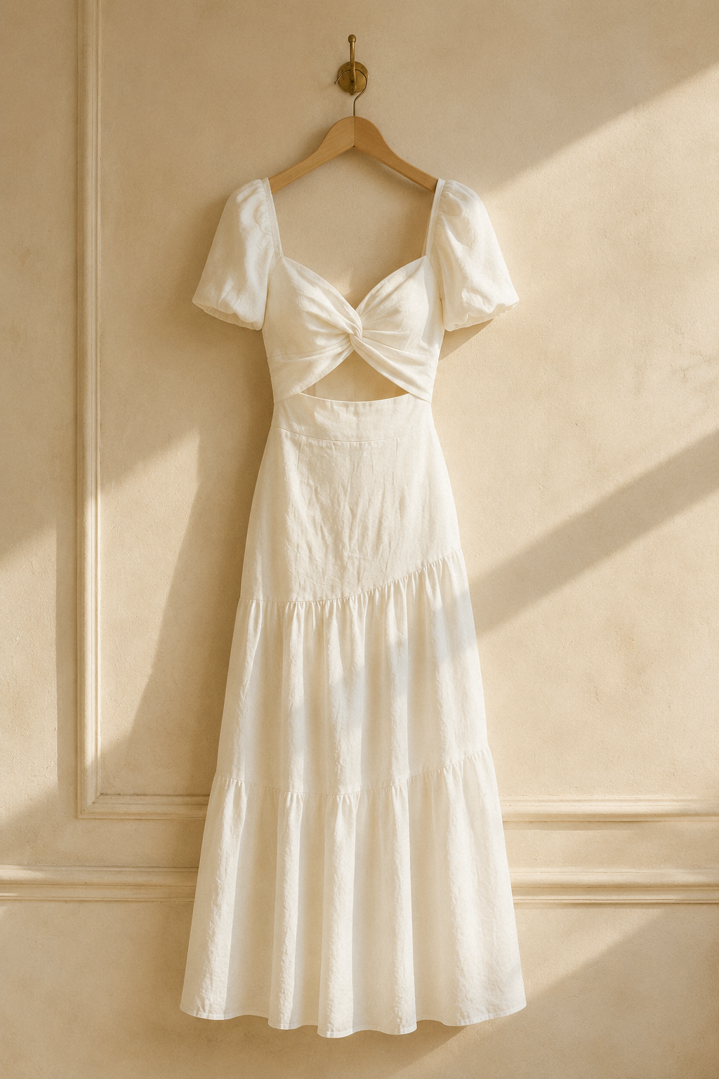 Ivory linen fit-and-flare midi dress, hanging on wooden hanger against plaster wall