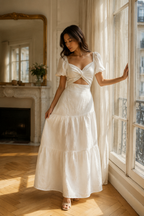 Ivory linen fit-and-flare midi dress, front view, twisted bodice and puff sleeves