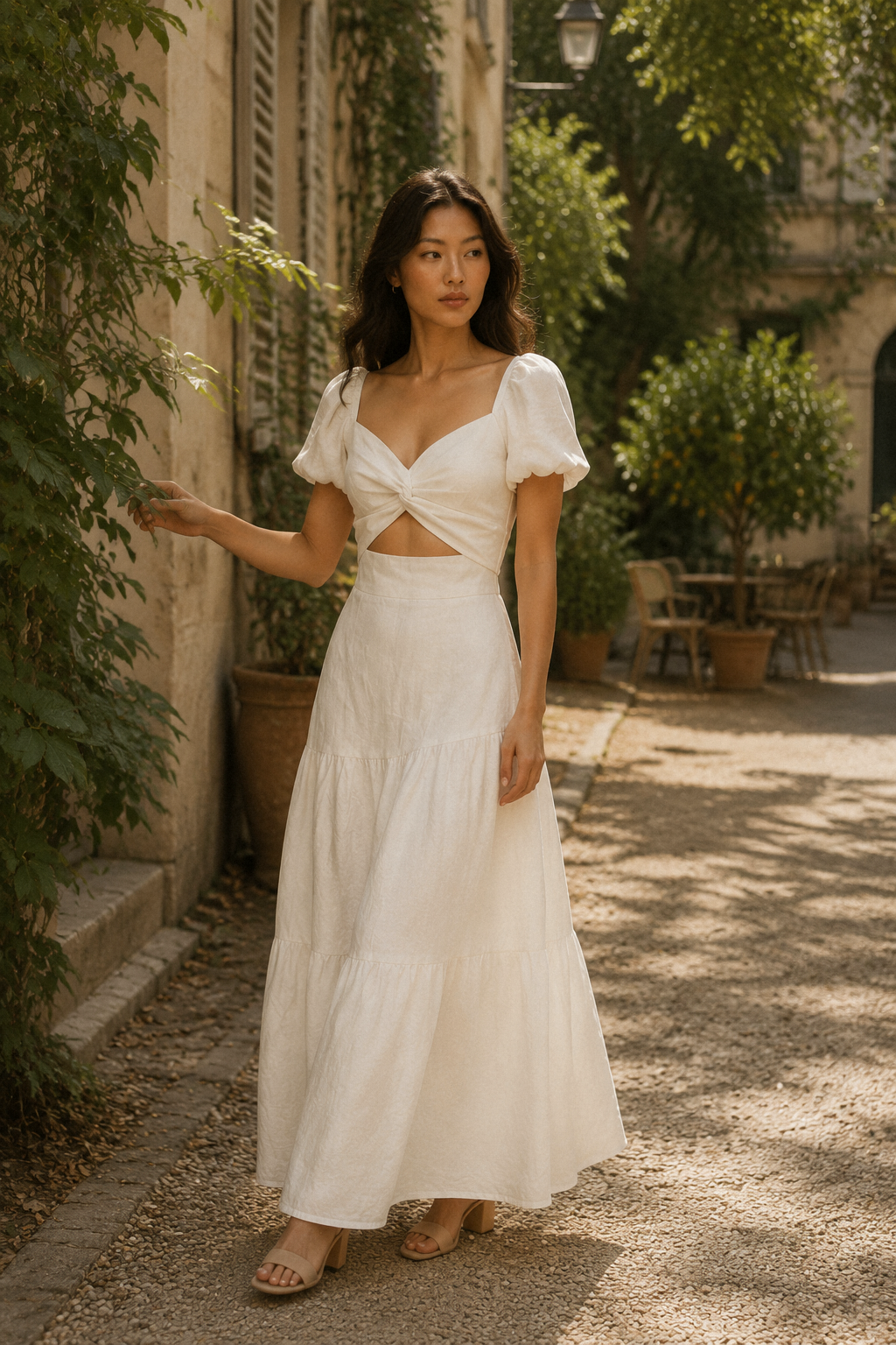Ivory linen fit-and-flare midi dress, lifestyle, relaxed afternoon by a window