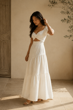 Ivory linen fit-and-flare midi dress, three-quarter view, twist detail and gathered skirt