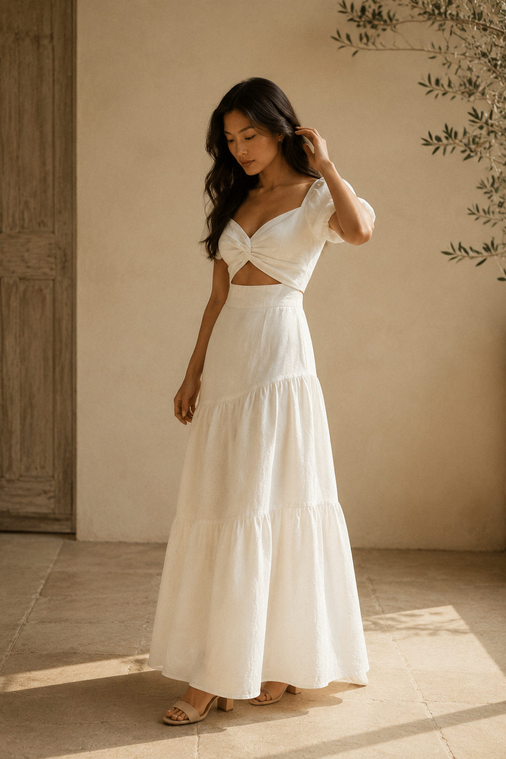 Ivory linen fit-and-flare midi dress, three-quarter view, twist detail and gathered skirt