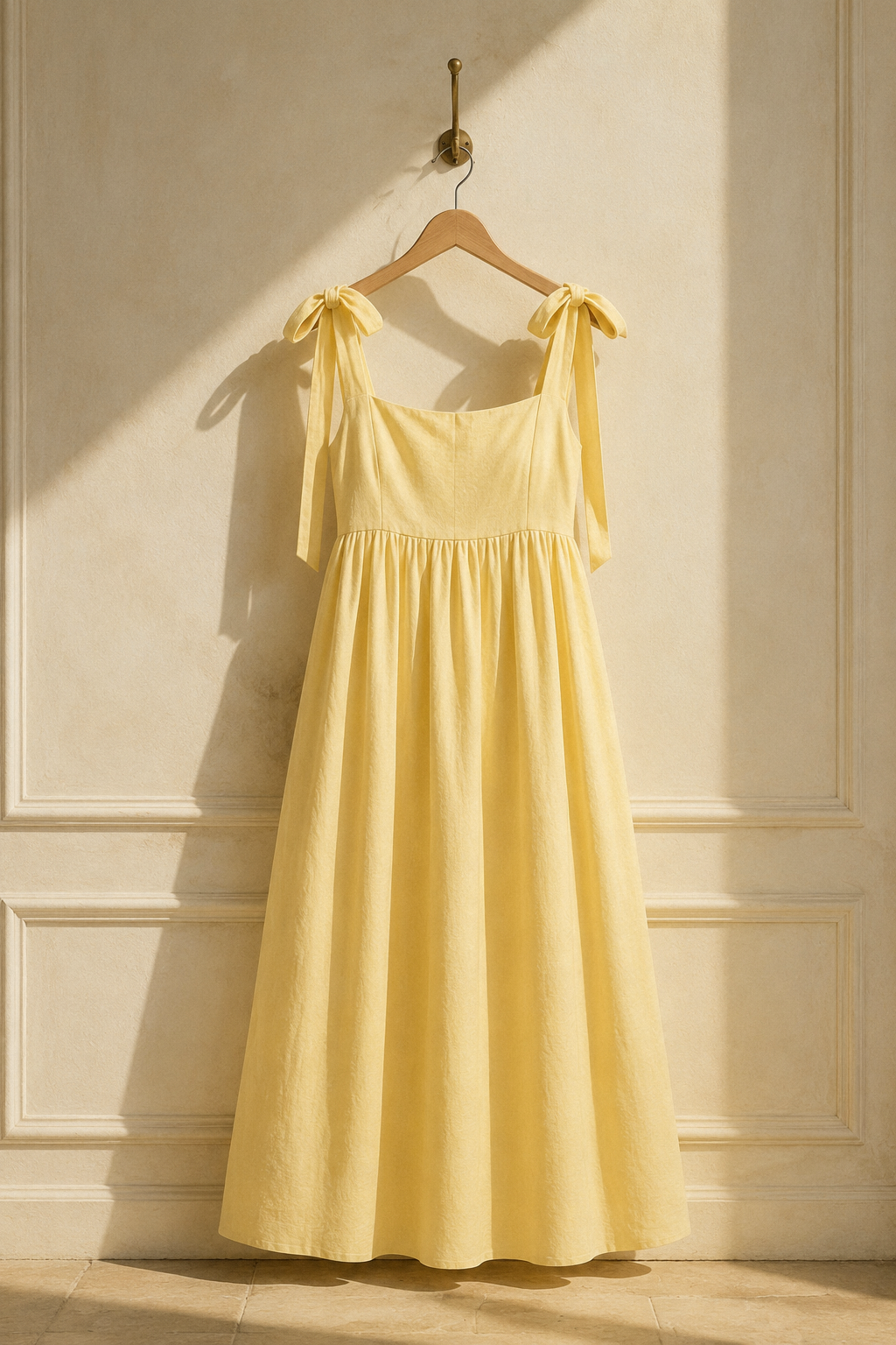 Butter yellow linen a-line midi dress, hanging on wooden hanger against plaster wall