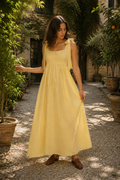 Butter yellow linen a-line midi dress, front view, tie straps and scoop neckline