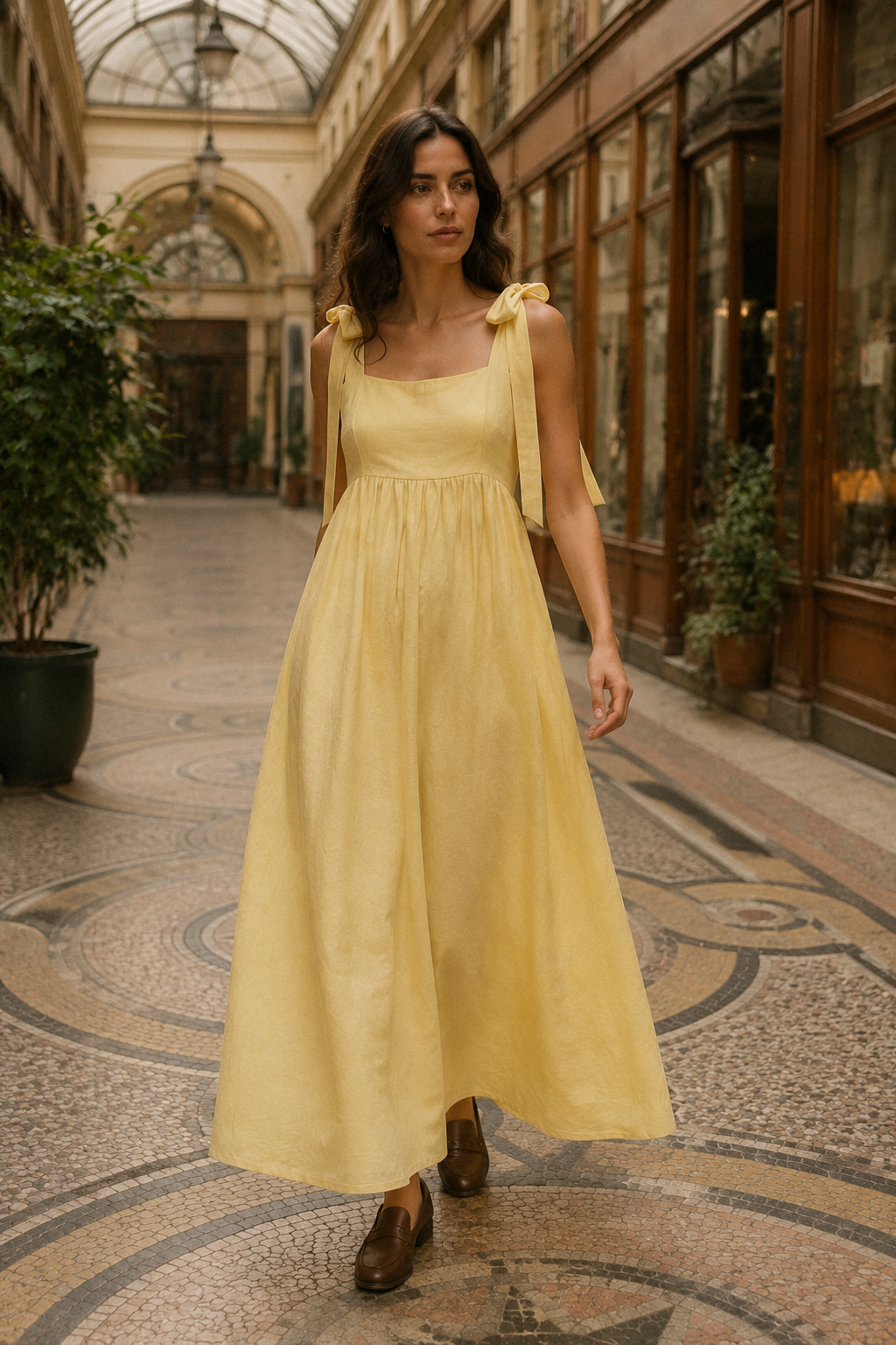 Butter yellow linen a-line midi dress, lifestyle, afternoon light, quiet courtyard