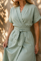 Sage green linen wrap midi dress, fabric detail, flax weave in raking light