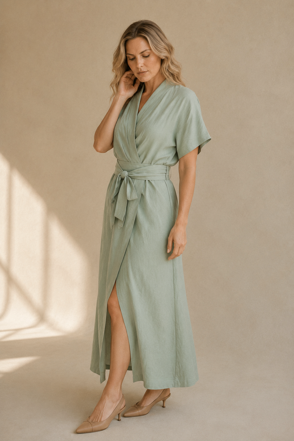 Sage green linen wrap midi dress, three-quarter view, adjustable tie waist, side slit