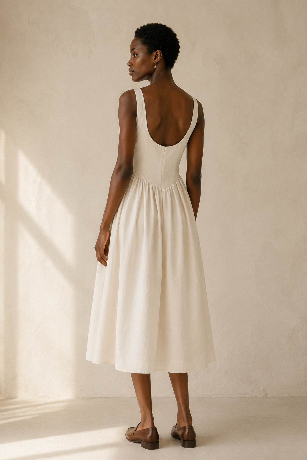 Ivory linen a-line midi dress, back view, smooth back line