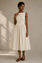 Ivory linen a-line midi dress, full front view, fitted bodice and full midi skirt