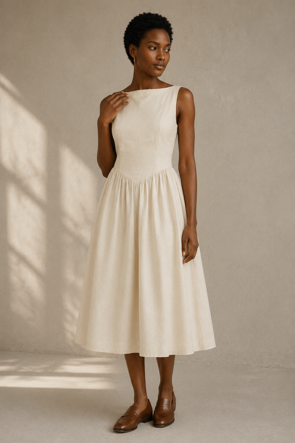Ivory linen a-line midi dress, full front view, fitted bodice and full midi skirt