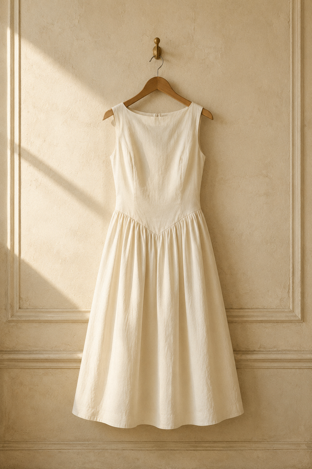 Ivory linen a-line midi dress, hanging on wooden hanger against plaster wall