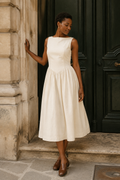 Ivory linen a-line midi dress, front view, round neckline and gathered skirt