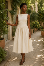 Ivory linen a-line midi dress, lifestyle, daylight stroll in soft linen