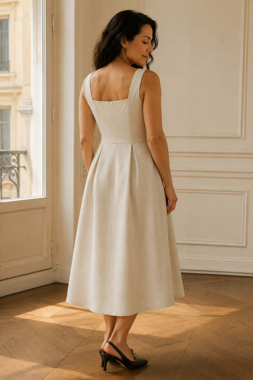 Ivory linen a-line midi dress, back view, fitted bodice and skirt release